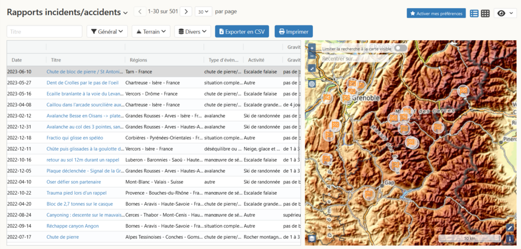 Accès à la base de données SERAC sur les incidents et accidents en montagne